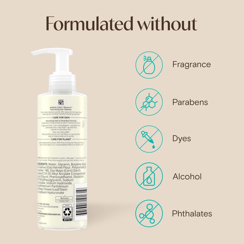 Aveeno Calm + Restore Nourishing Oat Face Cleanser, Daily Hydrating Facial Cleanser for Sensitive Skin with Nourishing Oat & Feverfew, Hypoallergenic, Non-Comedogenic, Fragrance-Free, 7.8 Fl Oz