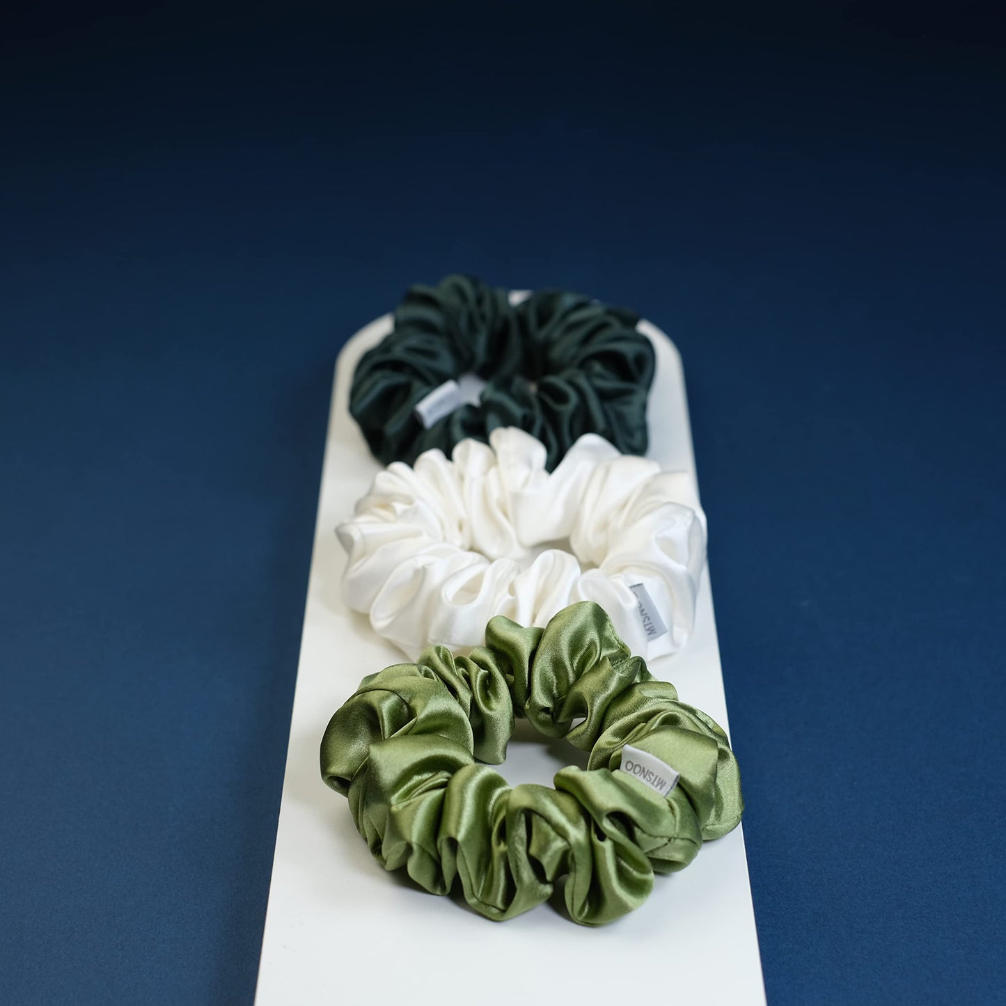 MTSNOO Silk Scrunchies, 3 Pack - 100% Pure 22 Momme Mulberry Silk Scrunchies for Curly Hair with Elastic Band, Silk Hair Ties Ropes Scrunchies Set for Women Girls, Dark Green+Olivine+White