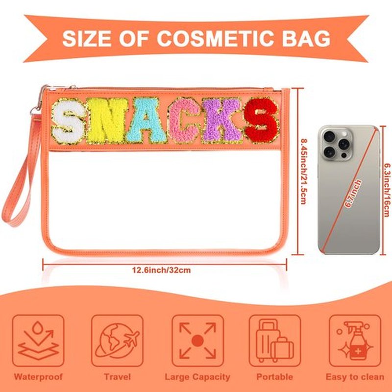 Snack Bag for Travel - Clear Chenille Varsity Letter Flat Pouch with Zipper, Waterproof Clear PVC&PU Preppy Patch Makeup Cosmetic tote Bags for Women Girls (Orange-Snacks)