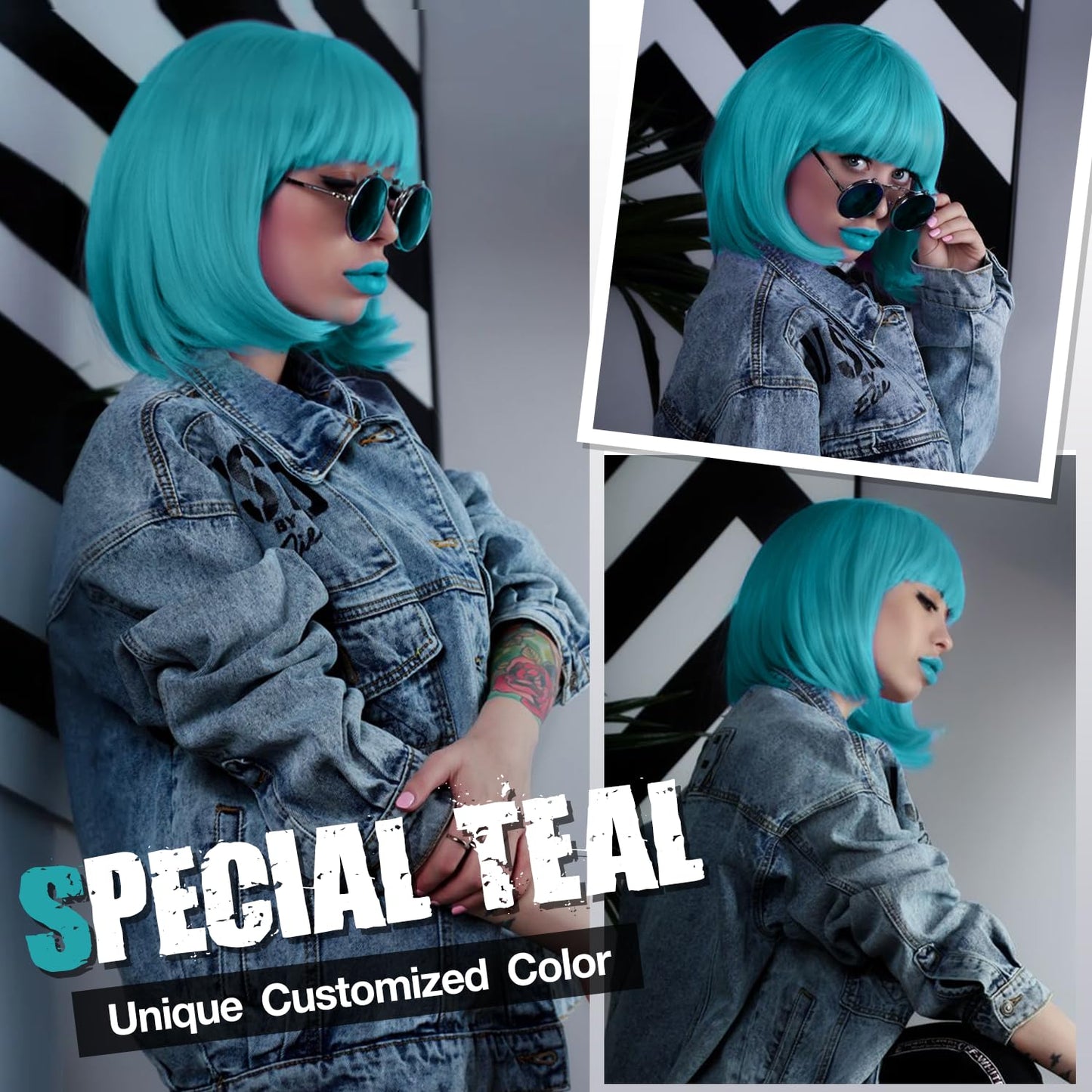 Fancy Hair Teal Bob Wig with Bangs Short Straight Turquoise Bob Wig Synthetic Vibrant Teal Blue Cosplay Bob Wig for Women 12 Inches