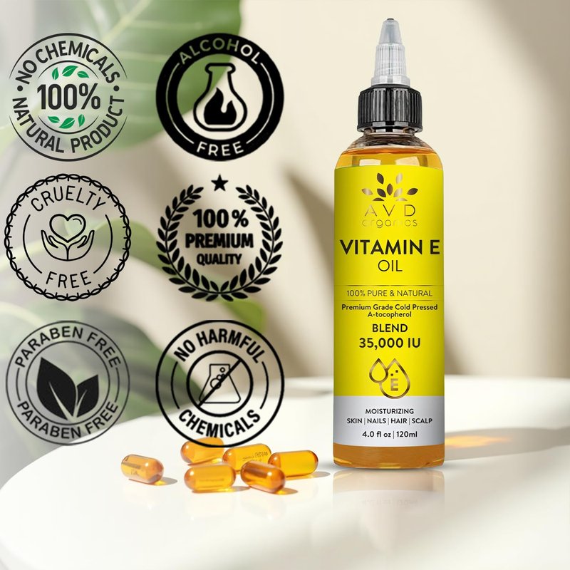 AVD ORGANICS Vitamin E Oil for Skin - 100% Pure & Natural, 35,000 IU | Premium Grade, Cold-Pressed and Tocopherol Vit E Oil to Repair Dry, Damaged Skin| Moisturizing, Hair and Scalp 4.05 Fl Oz