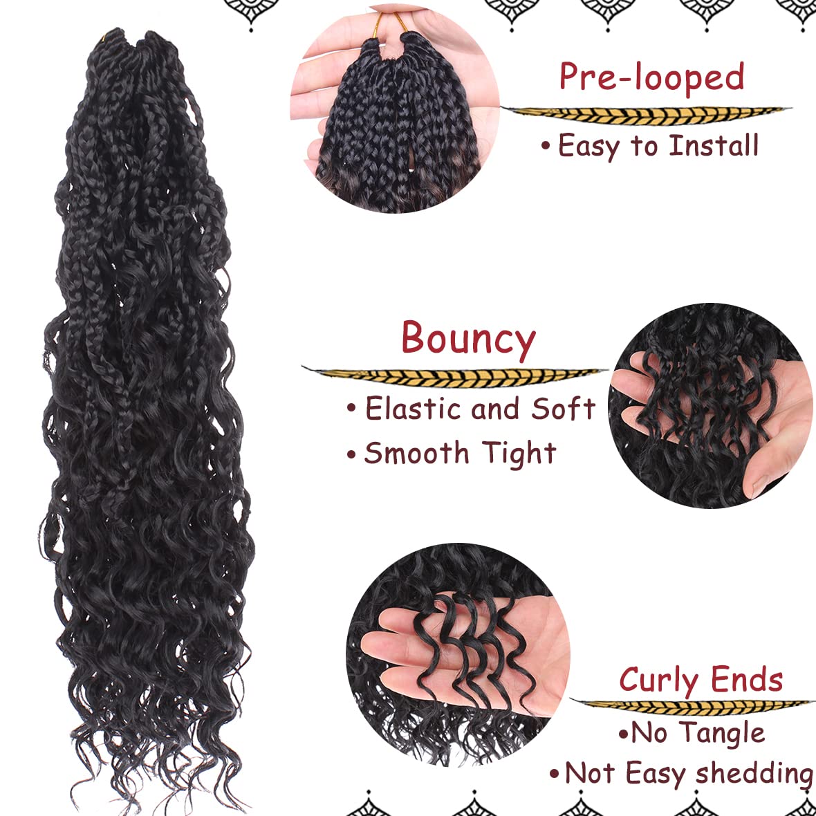 Beverlee Goddess Box Braids Crochet Hair 12 Inch Boho Box Braids 8 Packs Crochet Hair Bohemian Box Braids Crochet Braids Box Braids Curly Ends Messy Pre-looped Synthetic Curly Crochet Hair for Women