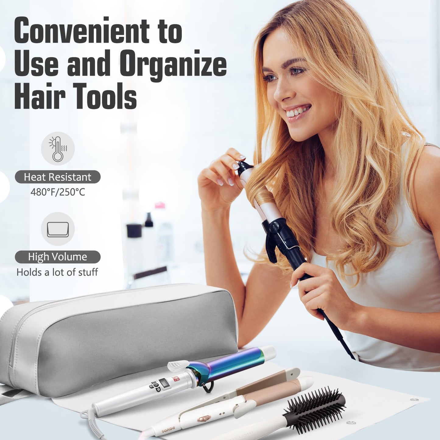 Hair Tools Travel Bag, Upgraded Large Travel Bag with Heat Resistant Mat, 2-in-1 Design Hair Tool Organizer Bag for Curling Iron, Hair Dryer, Straighteners, Skincare, Best Travel Essentials (Grey)