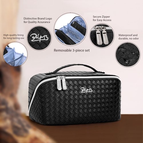Travel Makeup Bags Cosmetic Organizer Bag: Large Capacity Make up Bag Set of 3 - Vegan Leather Toiletry Bag for Women - Portable Makeup Organizer with Compartments & Handle & Divider (01 Black)
