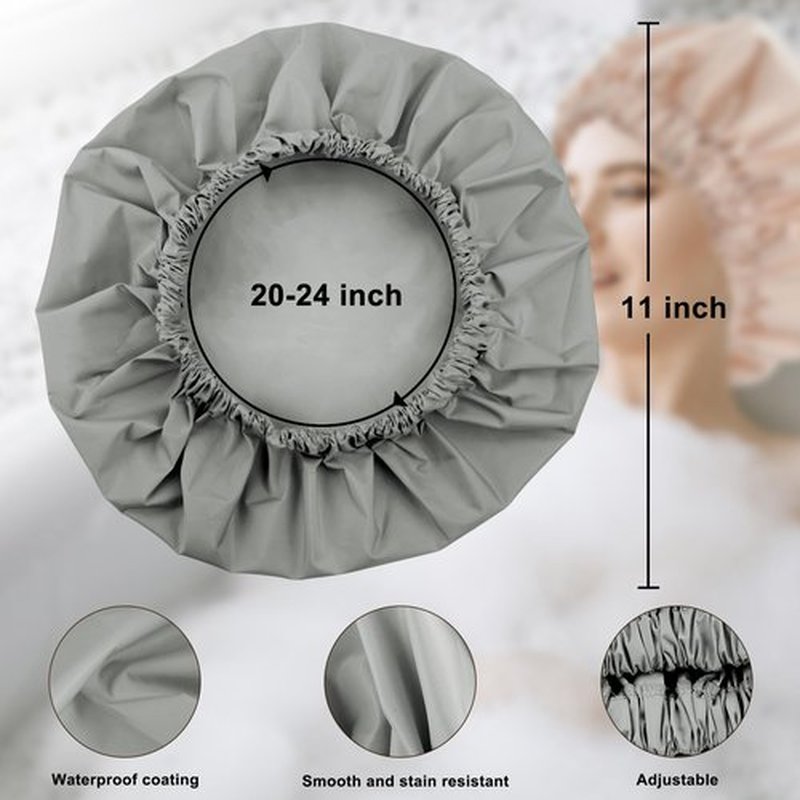 Reusable Shower Cap for Women, Large Waterproof Shower Bonnet Washable Elastic Band Bath Hair Hat for Long Hair, Braids(Dark Grey)