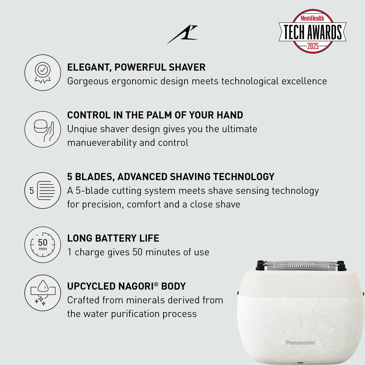 Panasonic ARC5 Palm-Sized Electric Razor, Handheld Luxury Compact Travel Shaver with Upcycled Body, 5-Blade Cutting System, and USB-C Charging, Wet/Dry - ES-PV6A-W