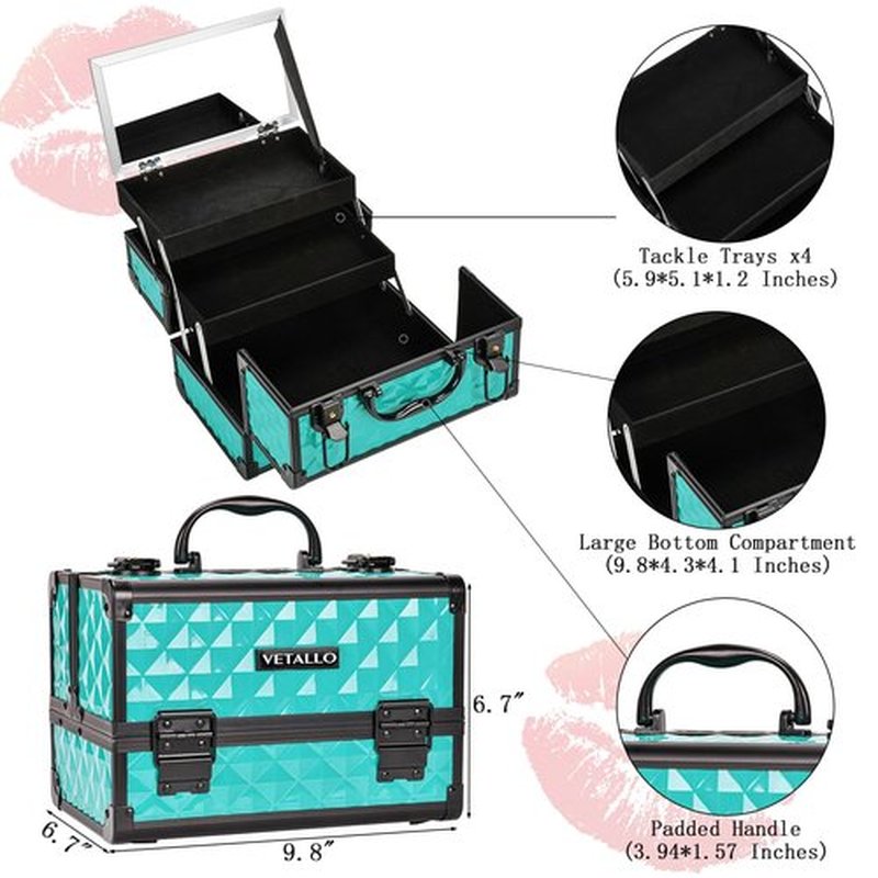 VETALLO Travel Makeup Box, Lockable Makeup Box Organizer I Makeup Train Case I Makeup Case Organizer I Makeup Box with Mirror I Large Makeup Organizer I Gifts For Her Women Bestie I Blue