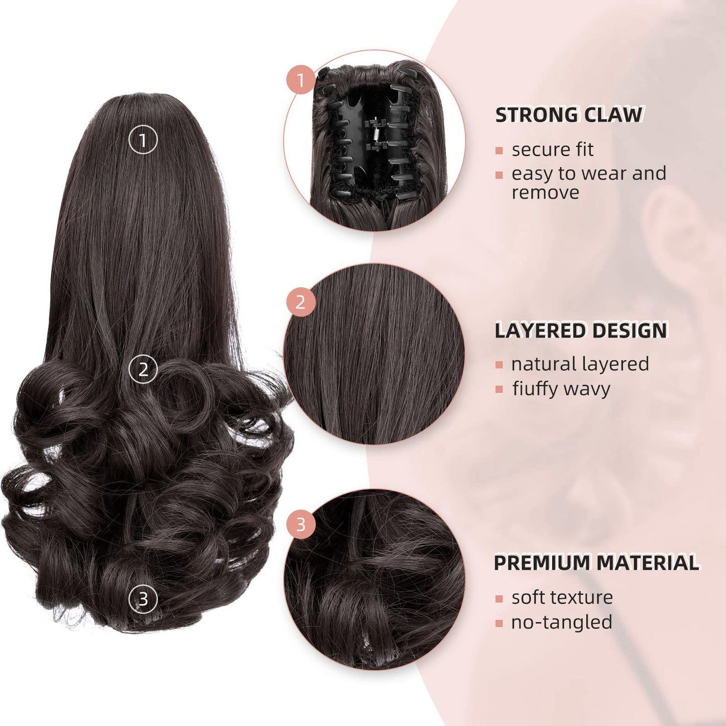 HEWEICSY Ponytail Extension,12" Claw Hair Extensions Short Curly Ponytail Clip in Ponytail Hair Extension Natural Looking Synthetic Hairpiece for Women(Darkest Brown)