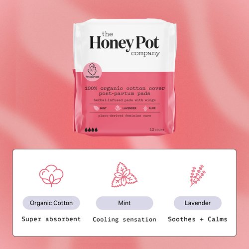 The Honey Pot Company - 48ct - Herbal Postpartum Pads w/Wings - Infused w/Essential Oils for Cooling Effect, Organic Cotton Cover, & Ultra-Absorbent - Postpartum Essentials to fill your Postpartum Kit