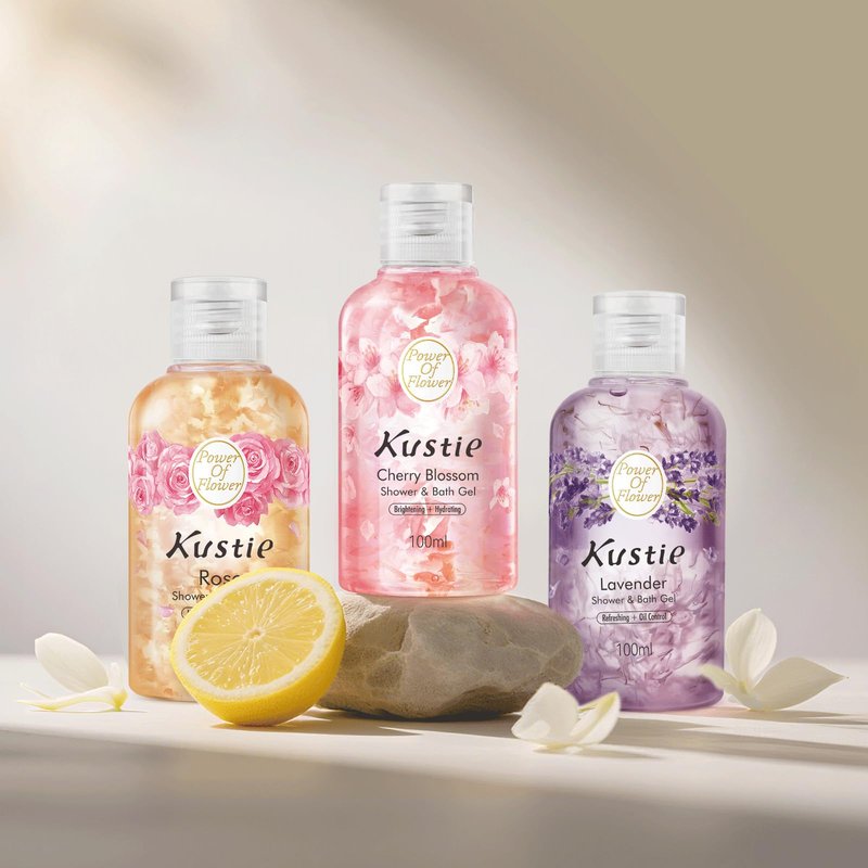 Kustie Rose Body Wash Travel Size – Hydrating Shower Gel with Real Flower Petals, Rose Water & Hyaluronic Acid, Floral Cleanser for Dry & Sensitive Skin, 3.4 fl oz