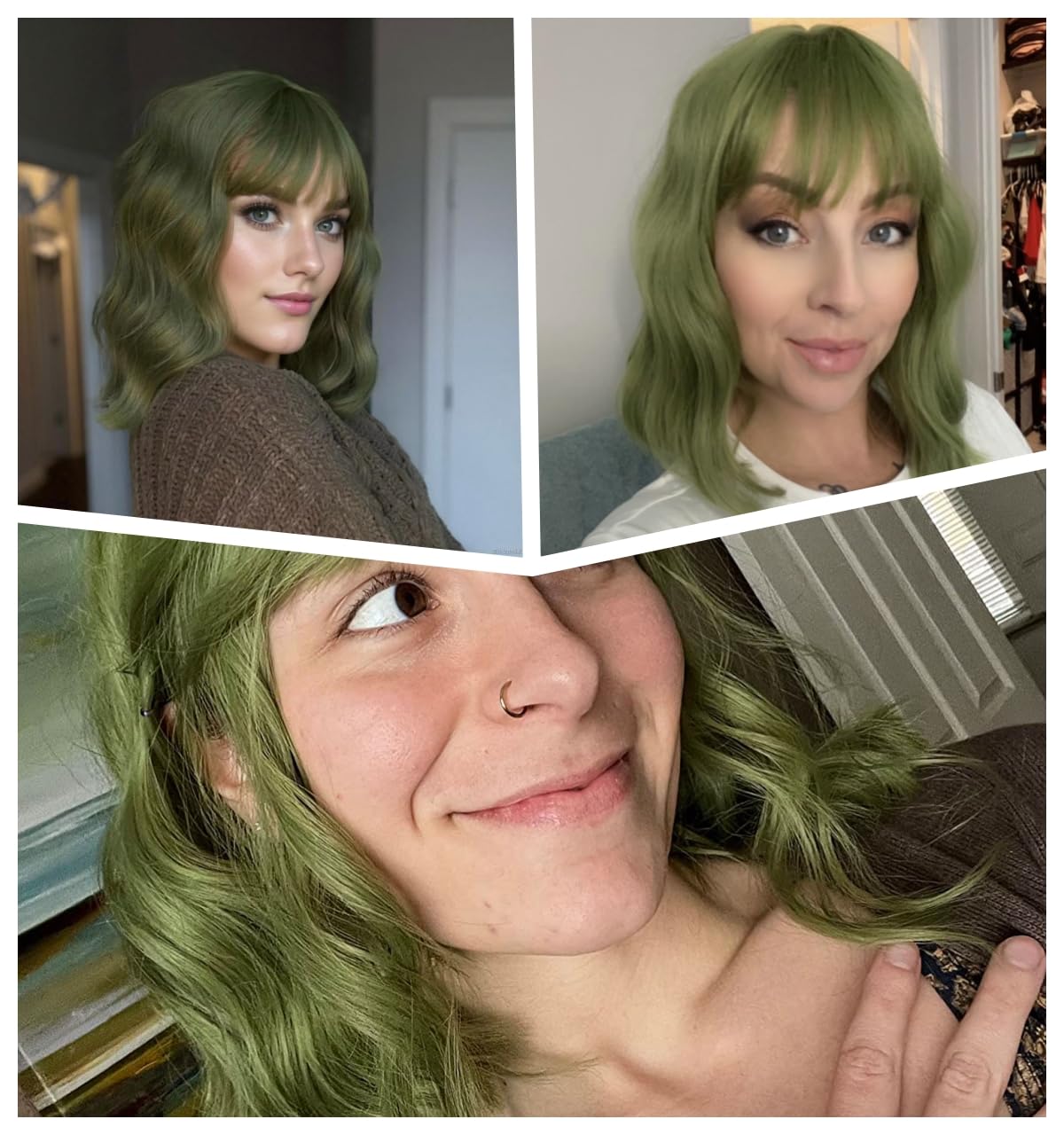 VCKOVCKO Natural Wavy Wig With Air Bangs Short Bob Matcha Green Wigs Women's Shoulder Length Wigs Curly Wavy Synthetic Cosplay Wig Pastel Bob Wig for Girl Colorful Wigs(12", Matcha Green)