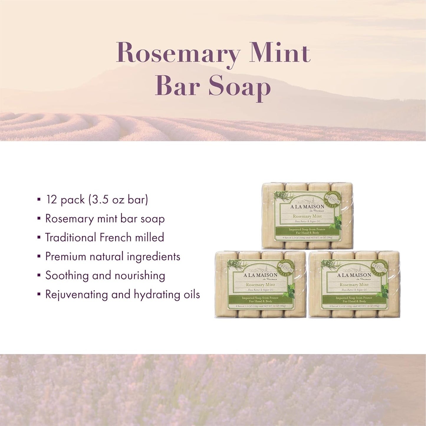 A LA MAISON Rosemary Mint Bar Soap - Triple French Milled Natural Moisturizing Hand Soap Bar (4 Bars of Soap, 3.5 oz)