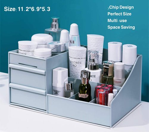 Simbuy Makeup Desk Organizer With Drawers —Countertop Bathroom Skincare Organizer for Cosmetics, Vanity Holder for Lipstick, Brushes, Lotions, Eyeshadow, Nail Polish and Jewelry-Blue