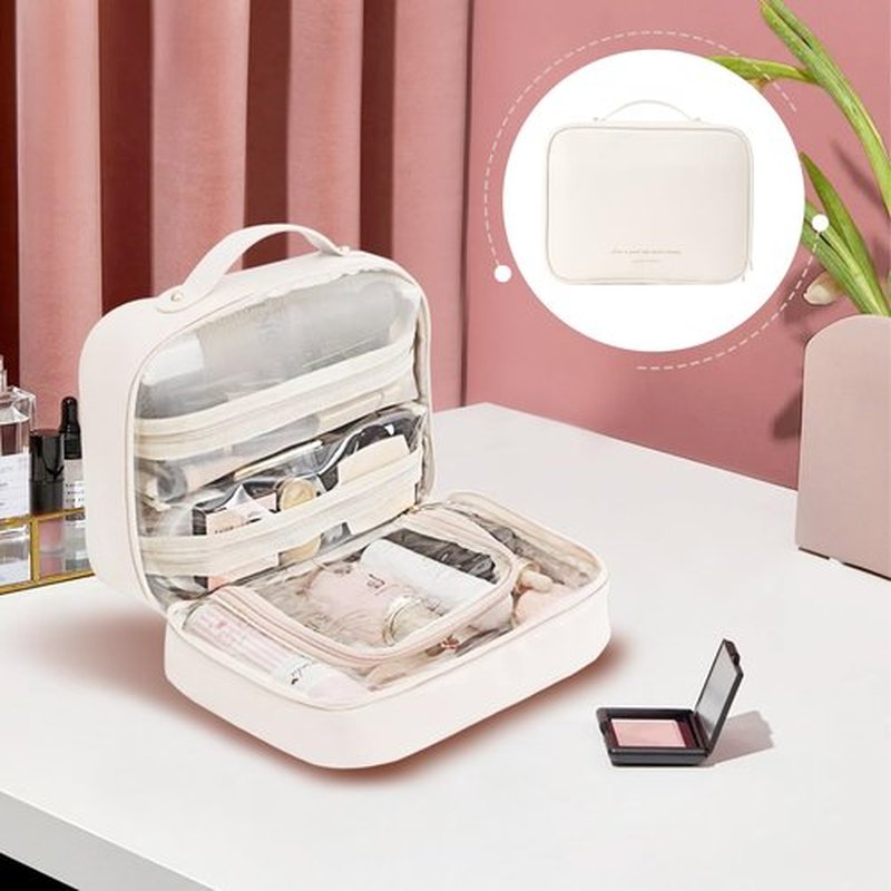Doblopup Multi Compartment Toiletry Cosmetic Bag, PU Large makeup bag with compartments, Set Patient Multi Compartment Toiletry Cosmetic Bag For Women Girls Travel makeup bag with compartments (white)