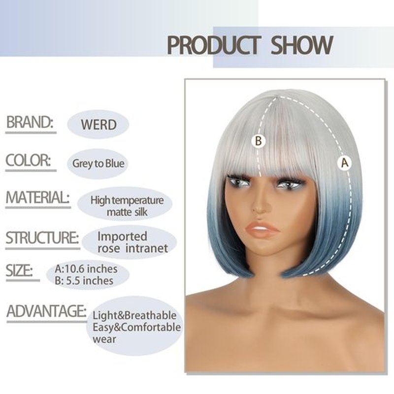 WERD Short Blue Bob Wig for Women Blue Wig with Bangs Synthetic Hair Light Blue Bob Wig for Daily Party Cosplay(Grey to Blue)