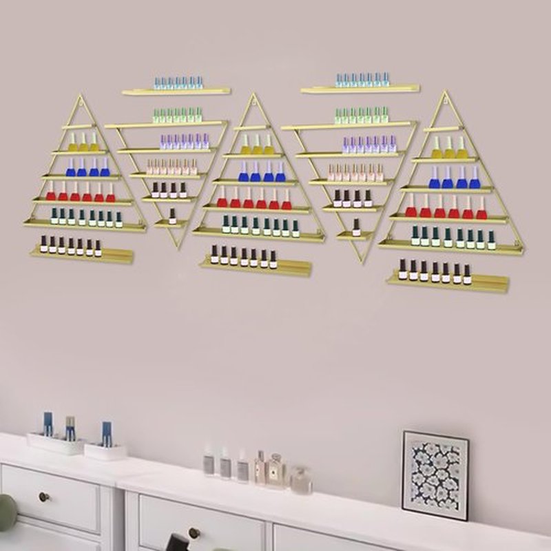 LEYSRIS Wall-Mounted Nail Polish Rack, Set of 10 Triangular Gold Nail Polish Shelf Lipstick Perfume Cosmetic Display Shelf for Home Spa Nail Salon Shop