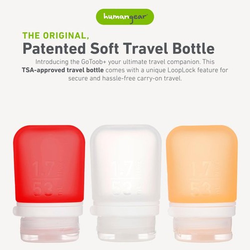 humangear GoToob+ Refillable Silicone Travel Size Bottles with Locking Cap, 3pk Set, Clear/Red/Orange, Small (1.7 fl.oz; 53ml)