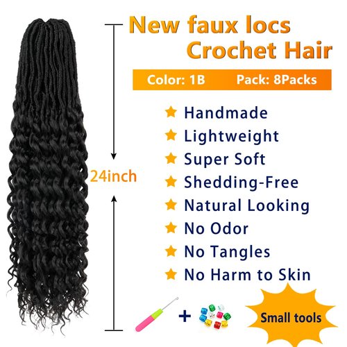 Goddess faux locs Crochet hair 24 Inch 8 Packs New faux locs Crochet hair Deep faux locs hair Wavy faux locs Crochet hair Pre Looped Crochet hair Extensions for Women(1B#)