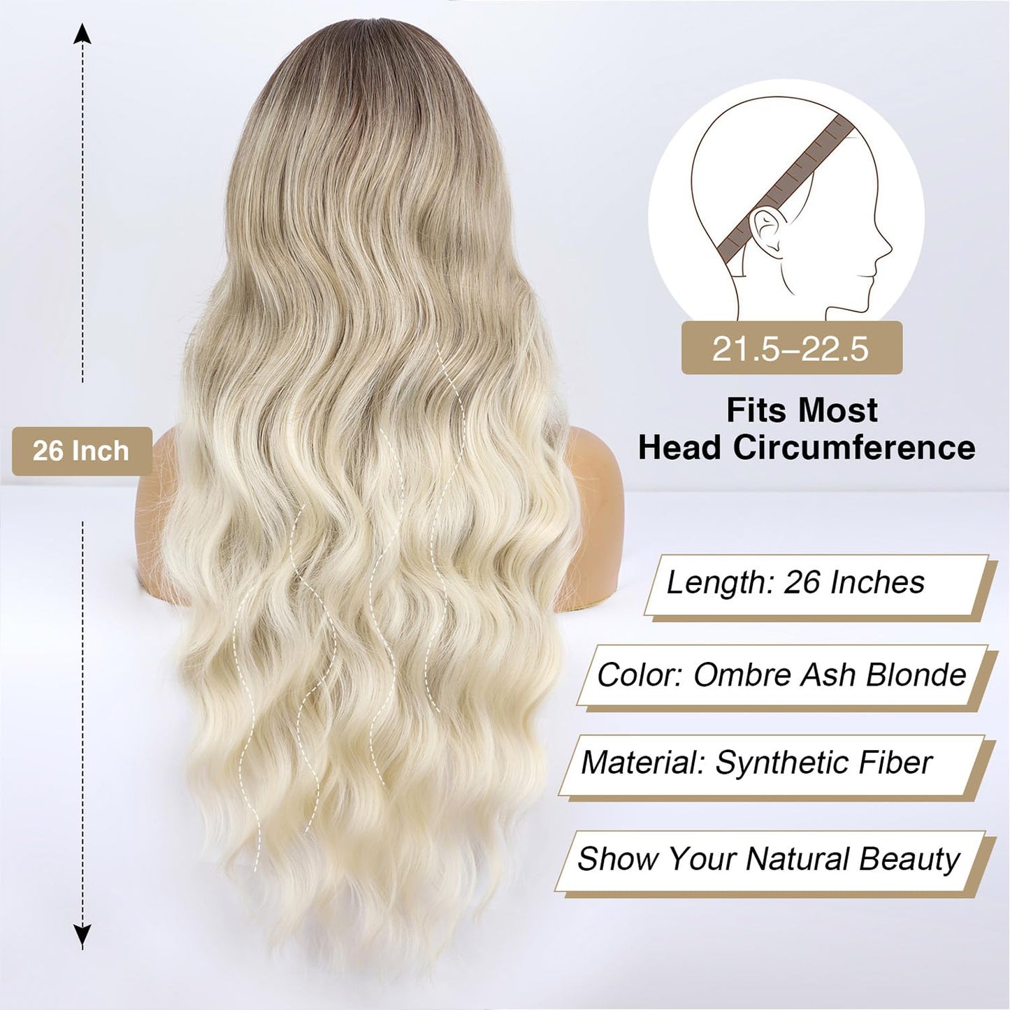 BOGSEA Ombre Ash Blonde Wigs with Bangs Blonde Long Wig for Women Ash Blonde Wavy Wigs Synthetic Heat Resistant Fiber Wigs for Daily Party 26 Inch