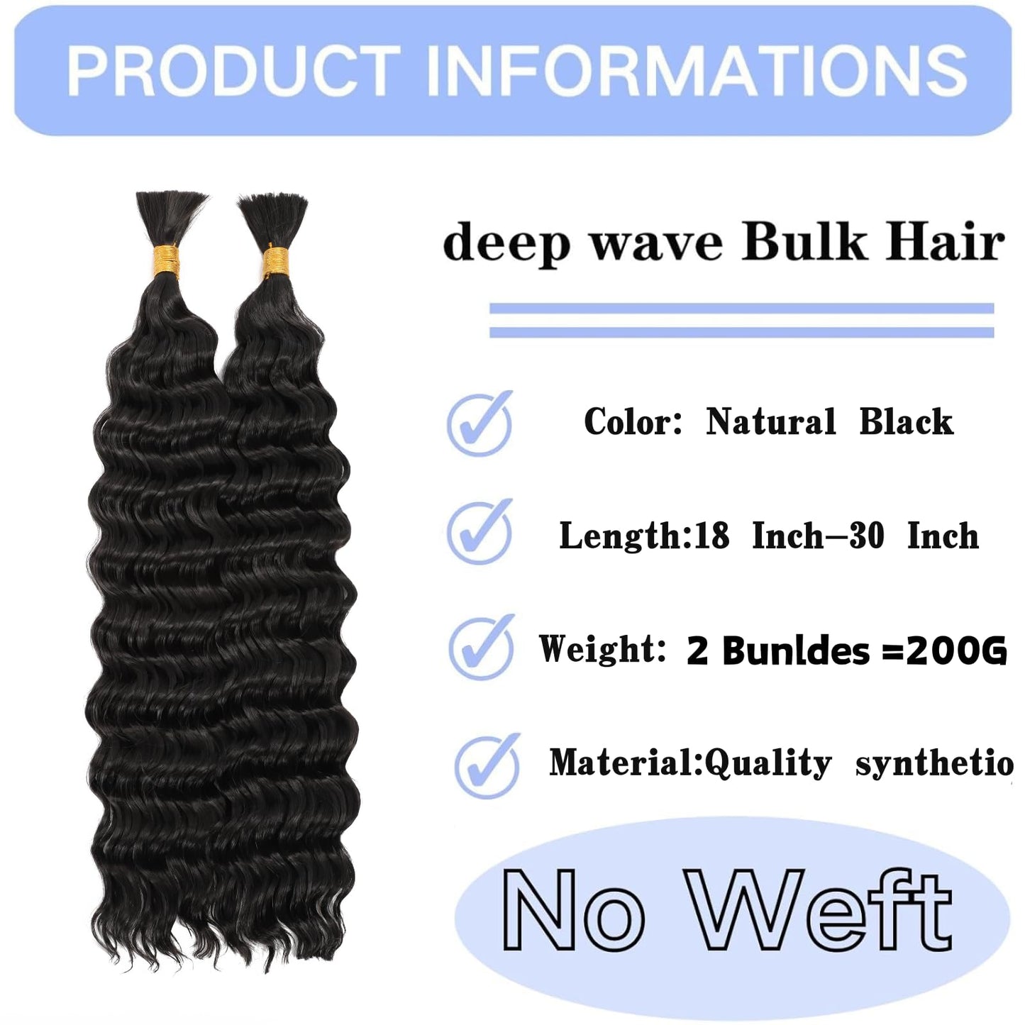 Deep Bulk Hair For Braiding HairWet And Wavy Deep Wave Bulk Hair 18inch 200g,Quality Synthetic Micro Braiding Hair Extensions for Boho Braids No Weft (2Pack 18inch Natural Color)