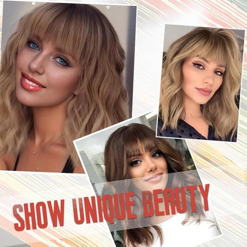 Short Blonde Wigs with Bangs 14Inch Ombre Blonde Highlights Curly Bob Wig for Women Shoulder Length Natural Looking Hair Replacement Wig for Daily Party Use Cosplay Costume Halloween Wig