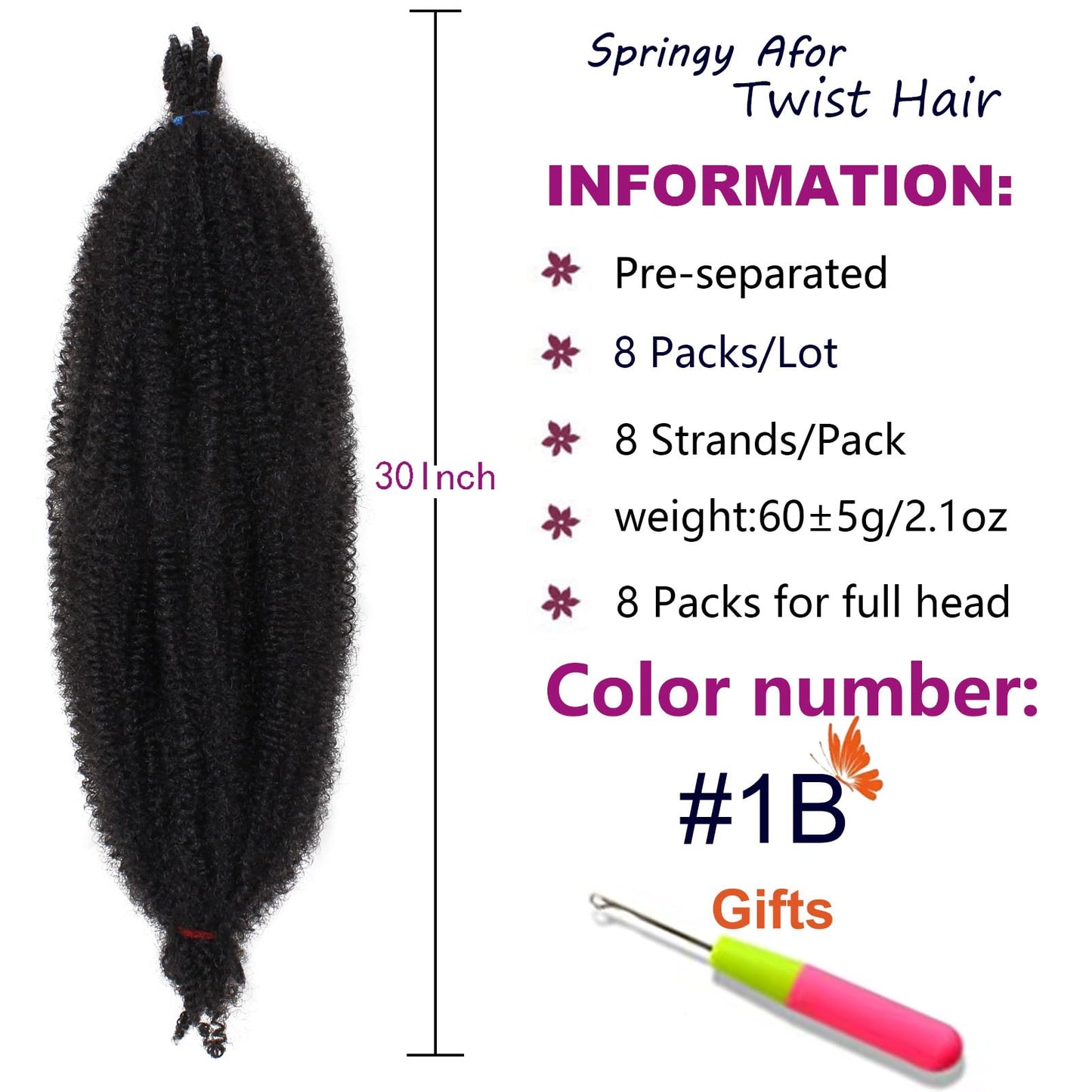 ZRQ 8 Packs Black Springy Afro Twist Hair 30 Inch Pre-Separated Spring Twist Marley Crochet Braiding Hair For Distressed Soft Locs Synthetic Hair Extension For Black Women 8 Strands/Pack (1B#)
