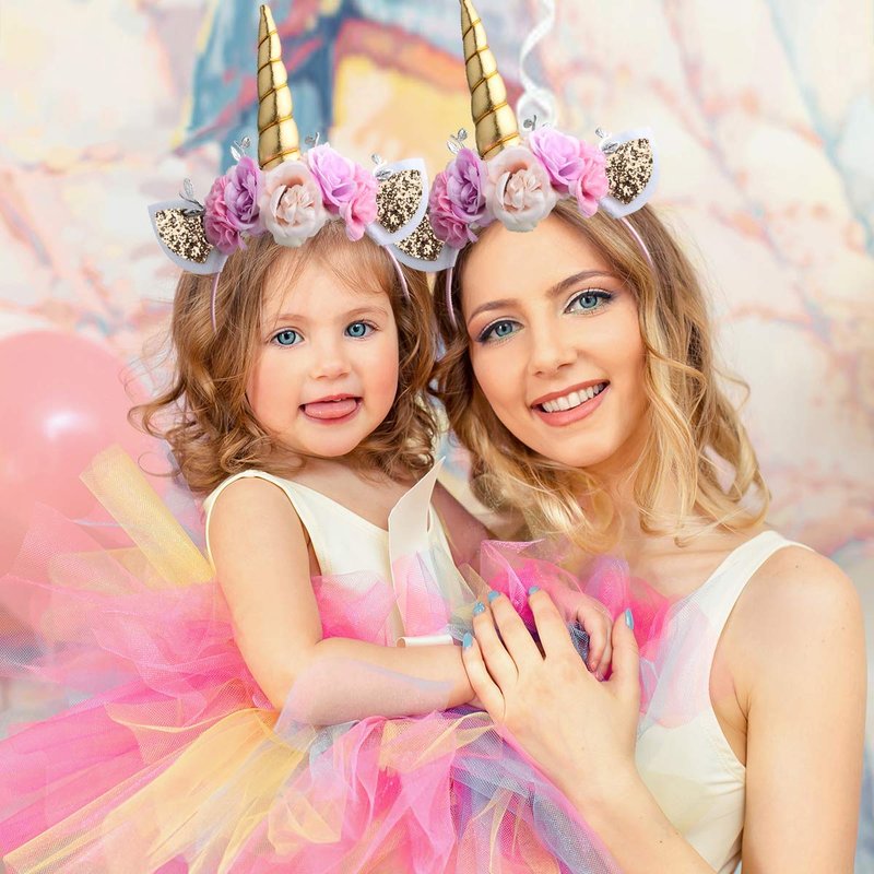 AHIER Unicorn Headband Gold Horn for Unicorn Birthday Party Decorations Supplies Flowers Cat Ear Head (Unicorn Headband)