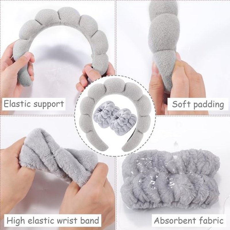 Zkptops Spa Headband for Washing Face Wristband Set Sponge Makeup Skincare Terry Cloth Headband Bubble Soft Get Ready Hairband for Women Girl Puffy Padded Headwear Non Slip Hair Accessory(Light Grey2)