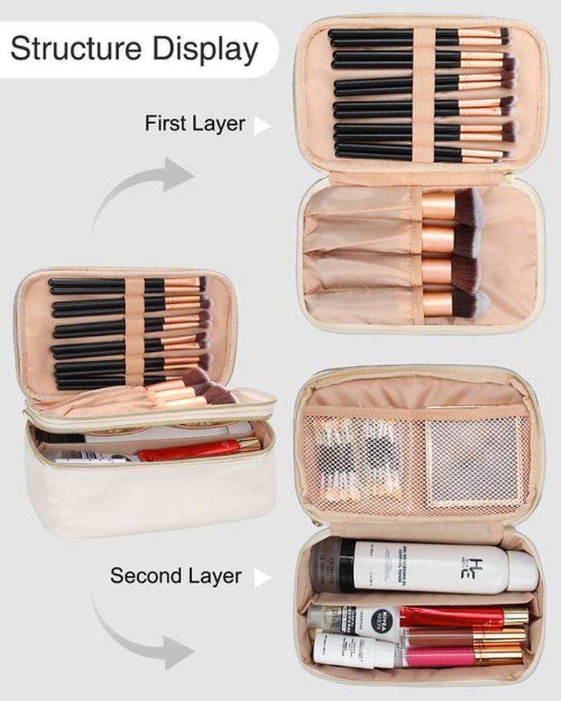 Relavel Travel Makeup Bag Multifunctional Make Up Bags with Zipper Pouch Large Compact Makeup Bag Organizer for Women Girls Cosmetics Toiletry Brushes Storage (White)