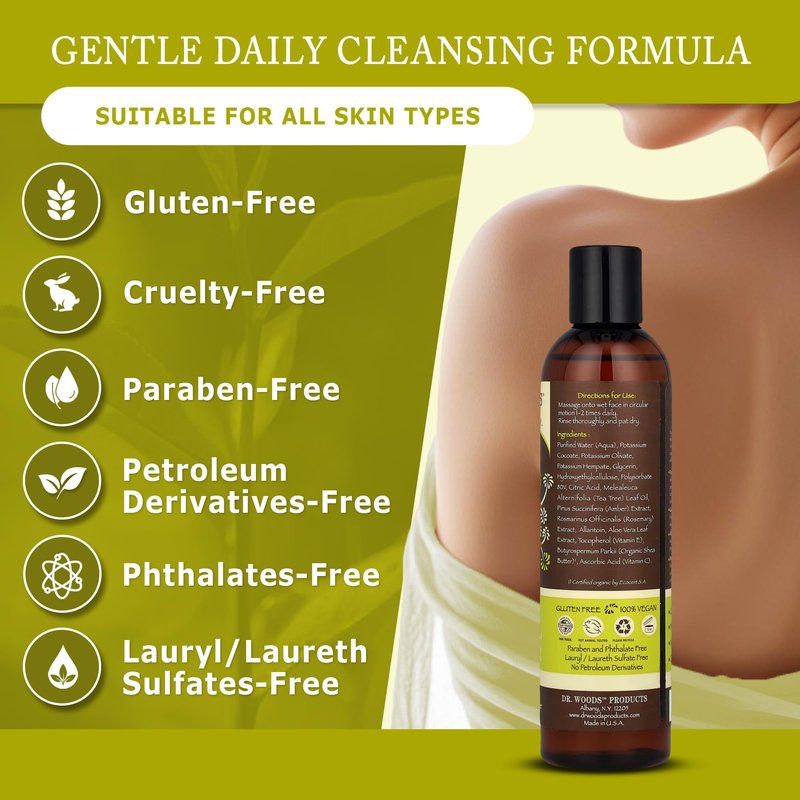 Dr. Woods Tea Tree Liquid Facial Cleanser - Made with Organic Shea Butter, Natural Tea Tree Oil Face Wash for Men and Women, Paraben, Phthalate and Sulfate Free - 8 Fl Oz