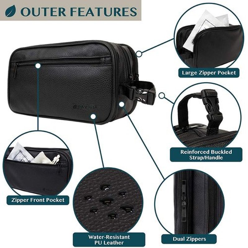 PAVILIA Toiletry Bag for Men, Travel Toiletries Bag | Water-resistant Dopp Kit, PU Leather Shaving Pouch Organizer for Accessories, Cosmetic, Hygiene, Grooming Essentials (Black)