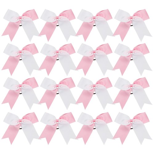 Cheer Bows 6 Inch 2 Color Ponytail Holder Hair Tie 16 Pcs Hair Bow Cheerleader Bows Hair Tie (White/Pink)
