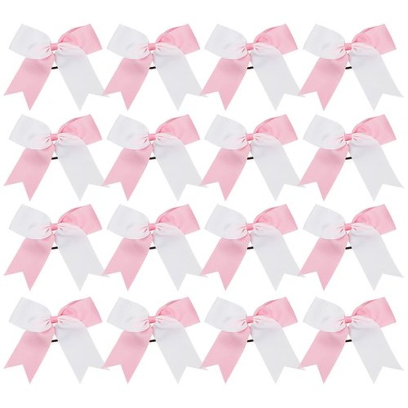 Cheer Bows 6 Inch 2 Color Ponytail Holder Hair Tie 16 Pcs Hair Bow Cheerleader Bows Hair Tie (White/Pink)