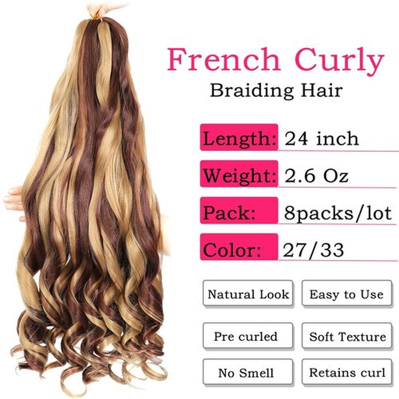 French Curly Braiding Hair 24 Inch 8 Packs - Pre Stretched Bouncy Braiding Hair- Loose Wavy Braiding Hair Synthetic Hair Extensions for Black Women (24 inch 8 packs 27/33)
