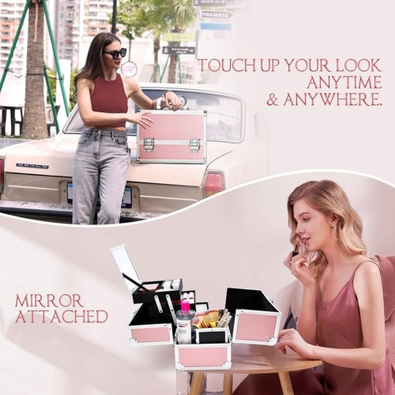 Joligrace Makeup Train Case Cosmetic Box 11.6 Inches Jewelry Organizer Professional 3 Tiers Trays with Mirror and Brush Holder Lockable Key Portable Travel Mermaid Pink