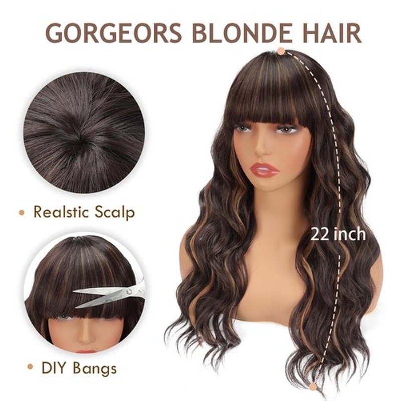 BESSY HAIR Dark Brown Wig with Brown Highlight Wig 22 Inch Long Hair Wigs with bangs Natural Looking Synthetic Wigs for Women Daily Party Cosplay Use