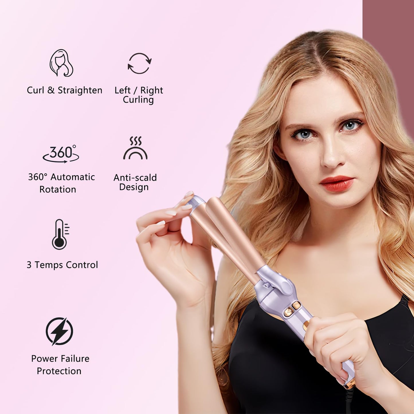 Curling Iron 1.18 Inch, Curling Wand for Long Hair and Short Hair, 3 Temperature Settings Ceramic Long Barrel Hair Curling Iron (Purple)