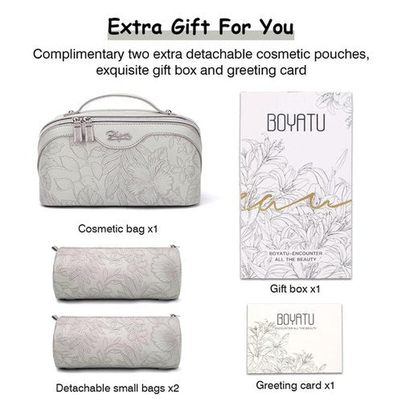 Travel Makeup Bags Cosmetic Organizer Bag: 3-Set Large Capacity Make up Bag - PU Leather Toiletry Bag for Women - Wide Open Portable Pouch with Divider & Handle (03-Light Gray)