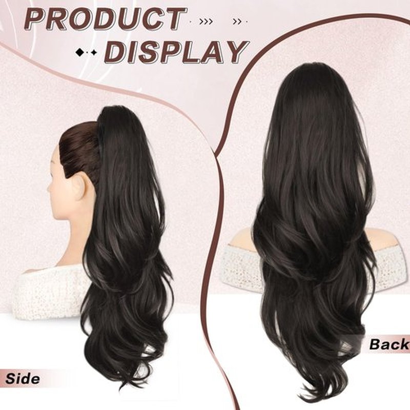 CHRSHN Ponytail Extension, Drawstring Ponytail Extension for Women 26 Inch Long Dark Brown Wavy Layered Pony Tails Hair Extensions Synthetic Clip in Ponytail Hairpiece for Women