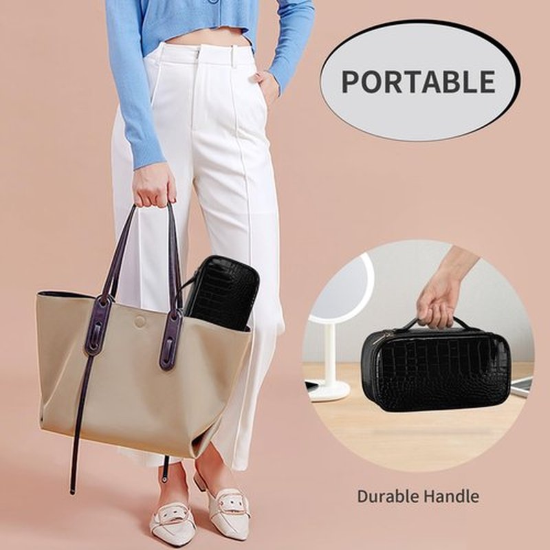OCHEAL Small Cosmetic Bag,Portable Cute Travel Makeup Bag for Women and girls Makeup Brush Organizer cosmetics Pouch Bags-Black Leather