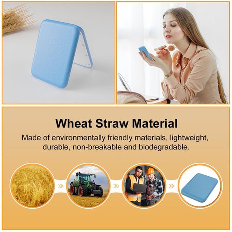 Kintion Wheat Straw Mirror, 1X/3X Magnification Pocket Mirror, Lighted Plastic Fiber Mirror, Folding Purse Mirror, Handheld Travel Mirror, Small Lighted Compact Mirror for Gift, Blue
