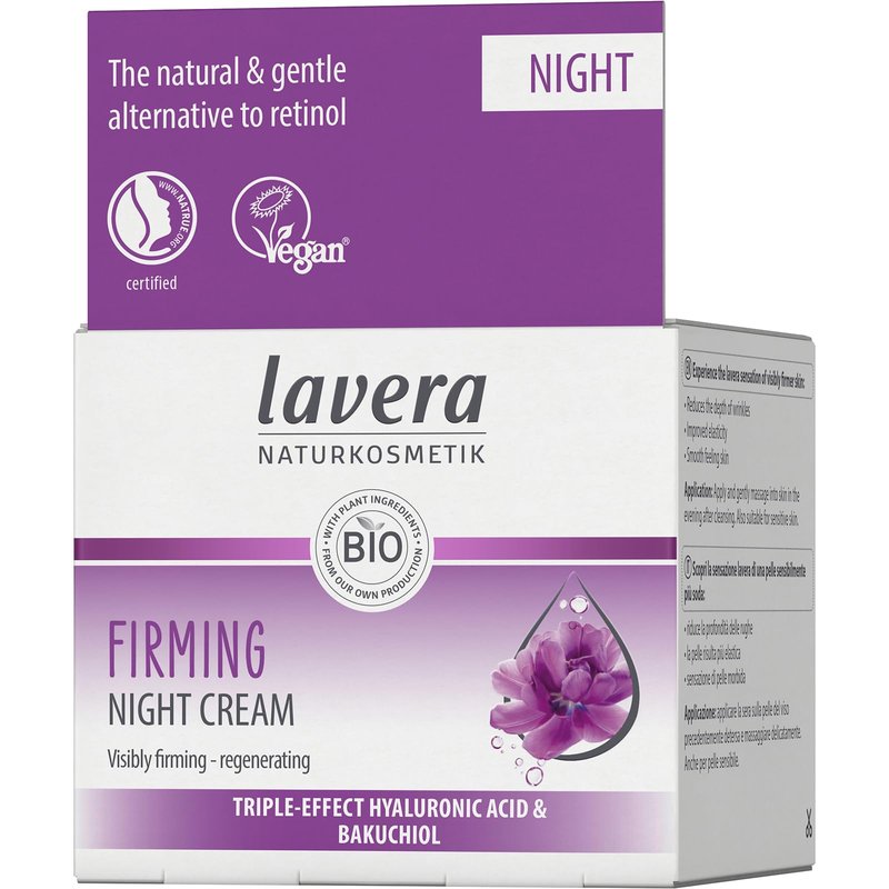 lavera Firming Night Care - Anti Aging Night Cream with Triple Hyaluron & Bakuchiol for Smooth Skin - Anti Wrinkle Face Cream - Face Moisturizer - PETA Certified - Vegan - Made in Germany - 1.7 Fl Oz