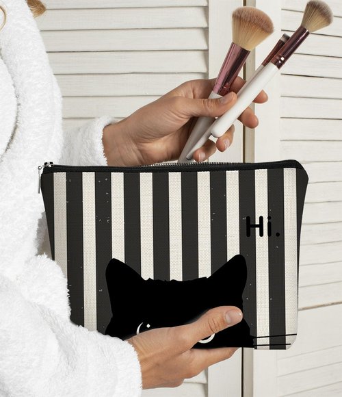 BARPERY Cat Makeup Bag,Cat Gifts,Black Cat Purse,Gifts For Cat Lovers,Small Cute Makeup Bag Cosmetic Bag For Women Teen Girls,Birthday Gift,Cat Owners Gifts,Cat Lady Gifts For Women(Striped)