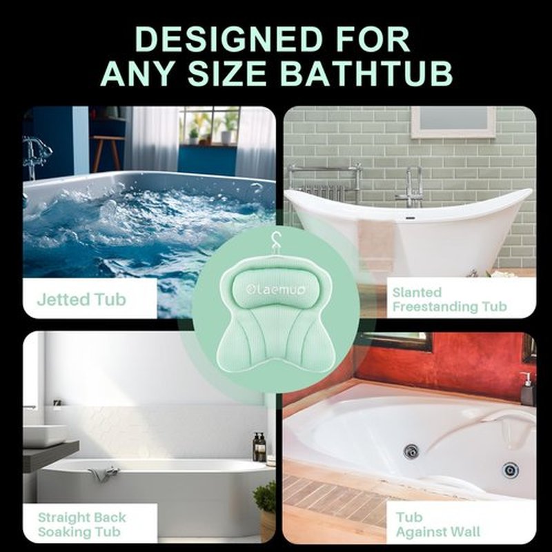 Olaemuo Bath Pillows for Tub, Bath Pillow Luxury Bathtub Pillow, Soft Bath Tub Pillow for Bathtub for Head and Neck,Bathtub Neck Pillow with Strong Suction Cups for Tub,Bathtub Accessories-Light Green