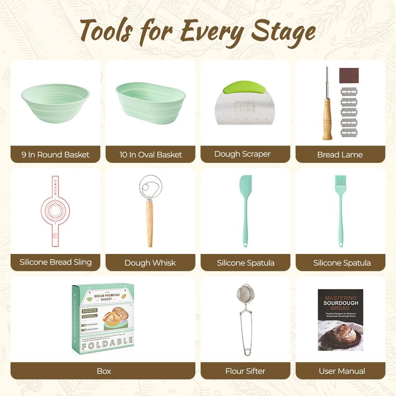 Napute Sourdough Starter Kit, 9PCS Sourdough Breads Baking Supplies, Silicone Banneton Bread Proofing Basket Set with 9" Round & 10" Val, Bread Sling, Whisk, Bread Lame, Sour Dough Baking Tools