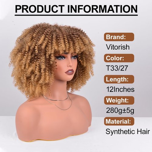 Vitorish 12 Inches Afro Curly Wigs for Black Women Afro Bomb Kinky Curly Wig with Bangs about 280g Fluffy and Soft Glueless Synthetic Hair Afo Wig (Ombre Blonde)