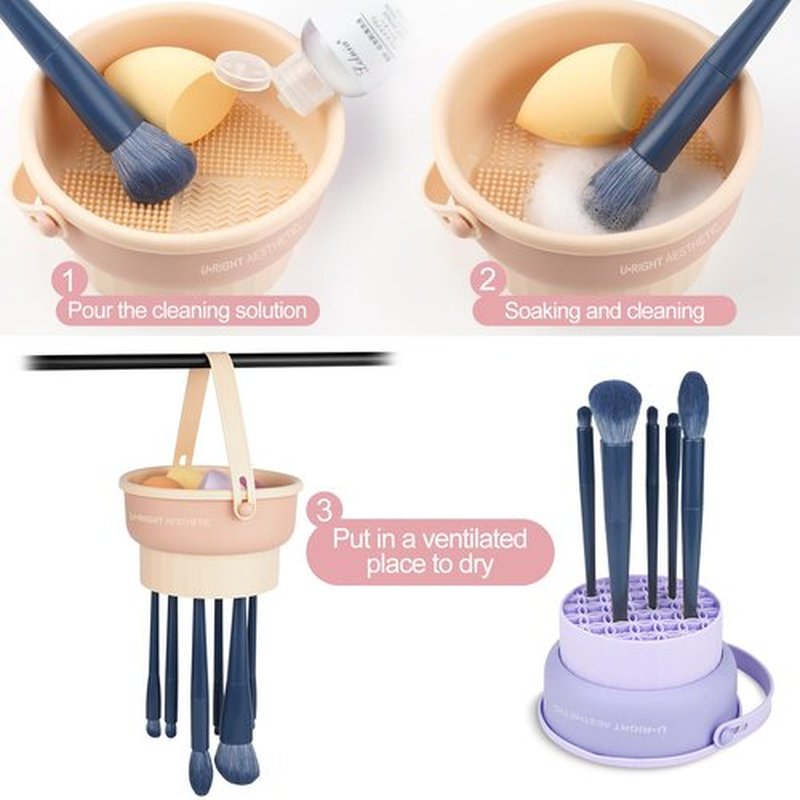 Ranphykx Makeup Brush Cleaner Mat 3 in 1 Silicone Makeup Brush Cleaning Bowl with Drying Holder Brush Cleaning Scrubber Tool Cosmetic Brush Cleaner with Holder for Storage Stand (Pink)