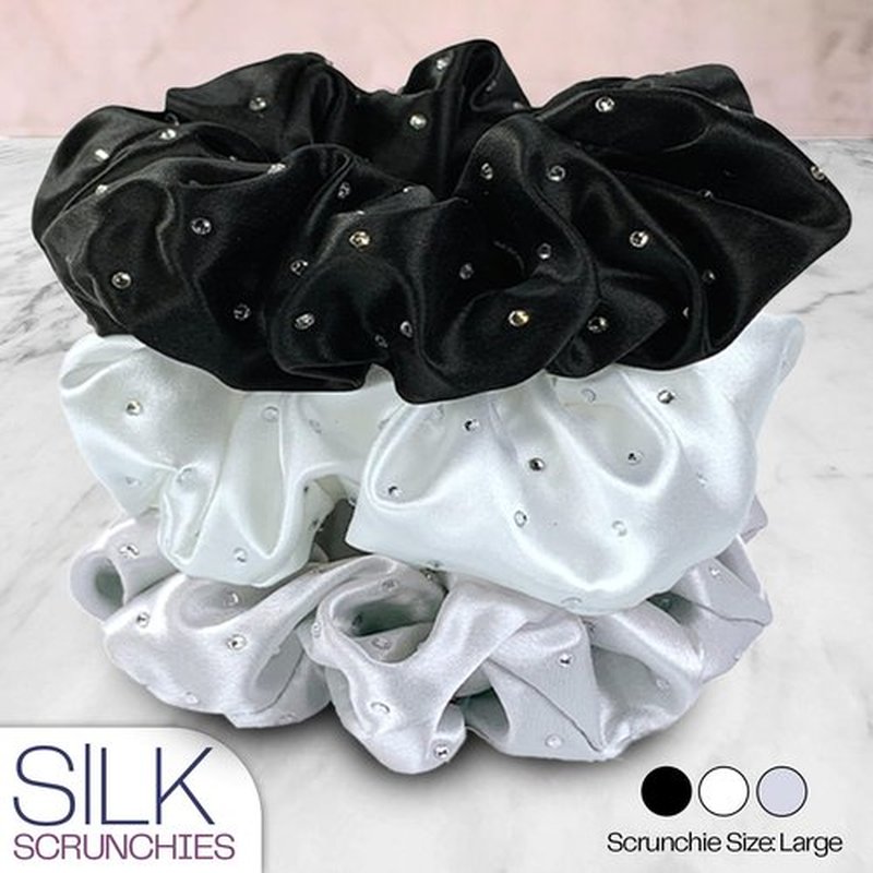 Celestial Silk Mulberry Silk Scrunchies for Hair (Black, Silver, White with Rhinestones)