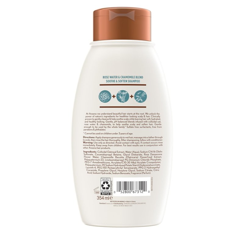 Aveeno Rose Water & Chamomile Shampoo for Dry Hair, Hydrating, 12 fl oz(Packaging May Vary)