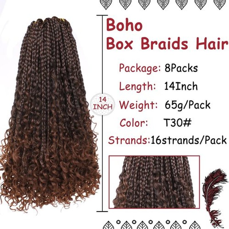 Beverlee 14 Inch Boho Box Braids 8 Packs Goddess Box Braids Crochet hair Braiding Hair Bohemian Hair Hippie with Curly Ends Messy Pre-looped Synthetic Crochet Braids for Black Women 128 Strands